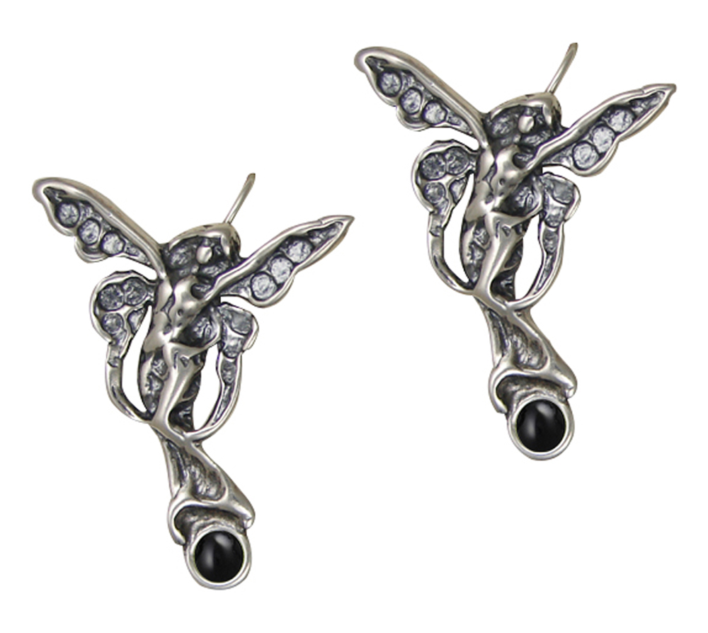 Sterling Silver Fairy of Joy Drop Dangle Earrings With Black Onyx
